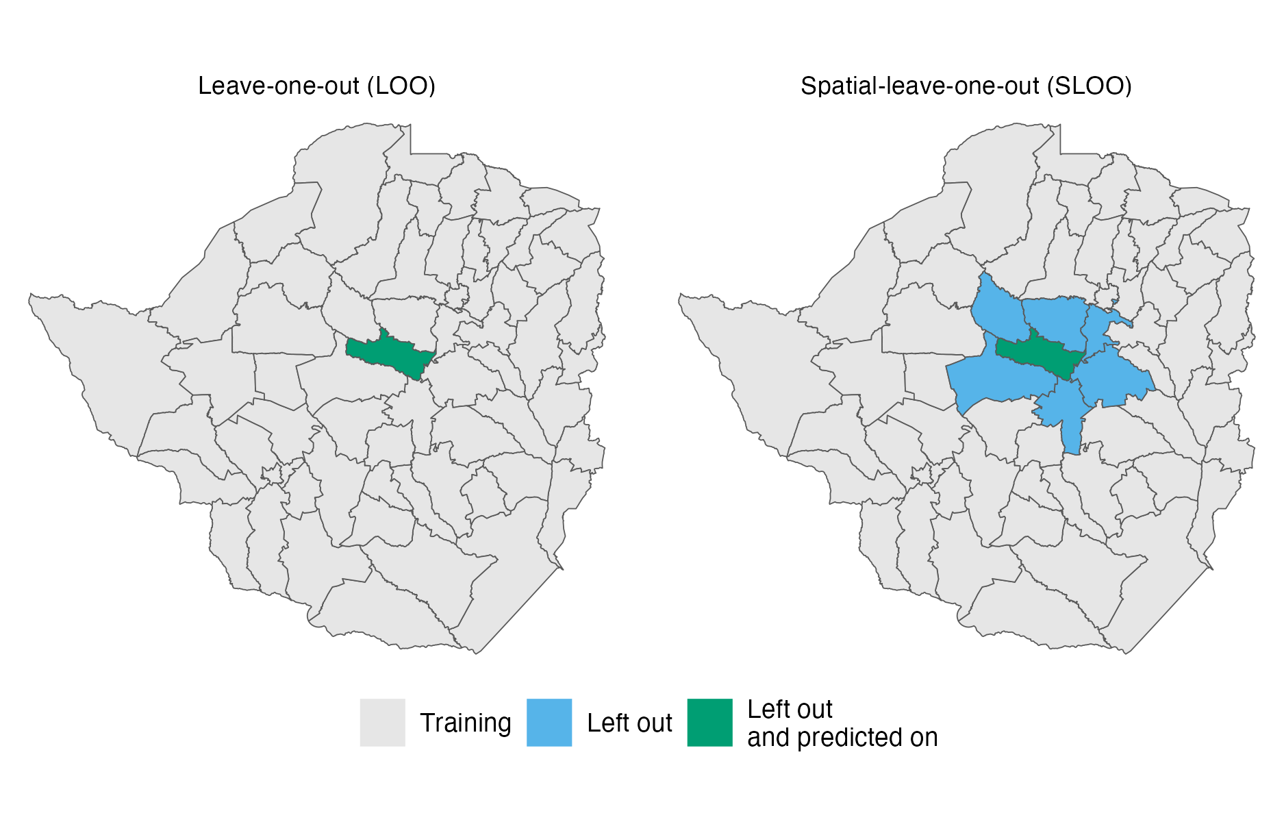 In leave-one-out (LOO) cross-validation, one observation is left out of the training data and predicted upon in each fold. The spatial-leave-one-out (SLOO) cross-validation scheme considered here is similar, only differing in that observations corresponding to adjacent areas are also left out of the training data.