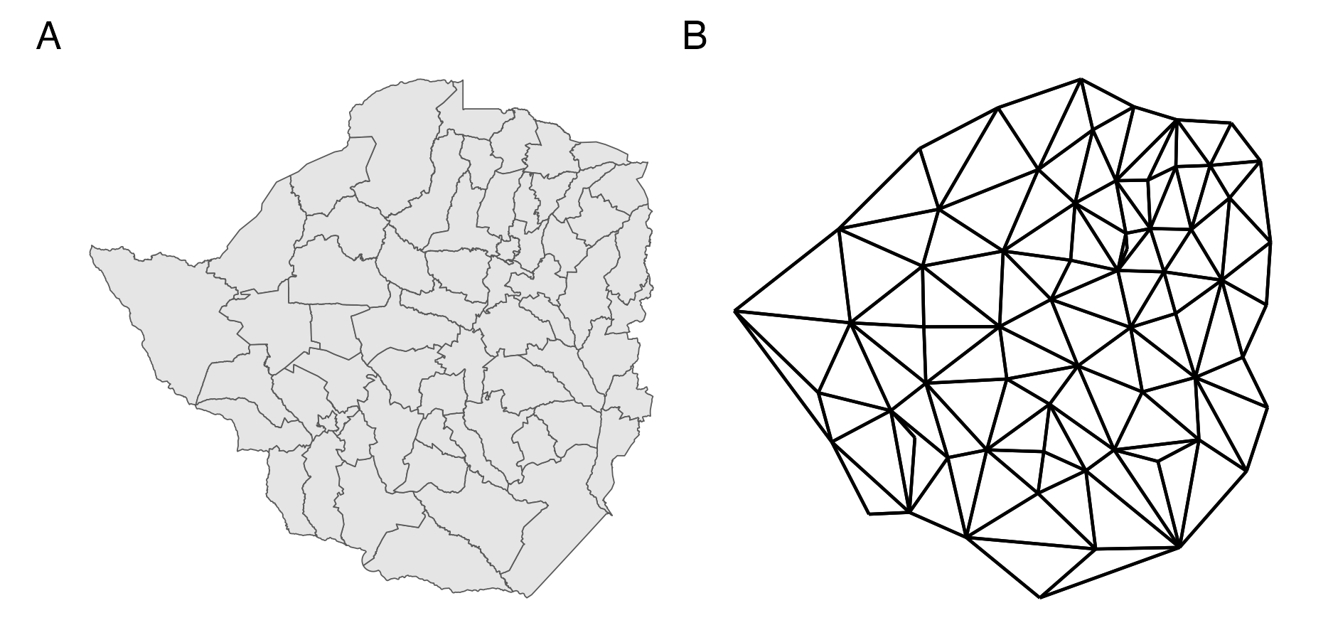 Panel A shows the districts of Zimbabwe. Panel B shows the corresponding adjacency graph \(\mathcal{G}\) with vertices positioned at the centre of the area they correspond to, and edges between adjacent areas.