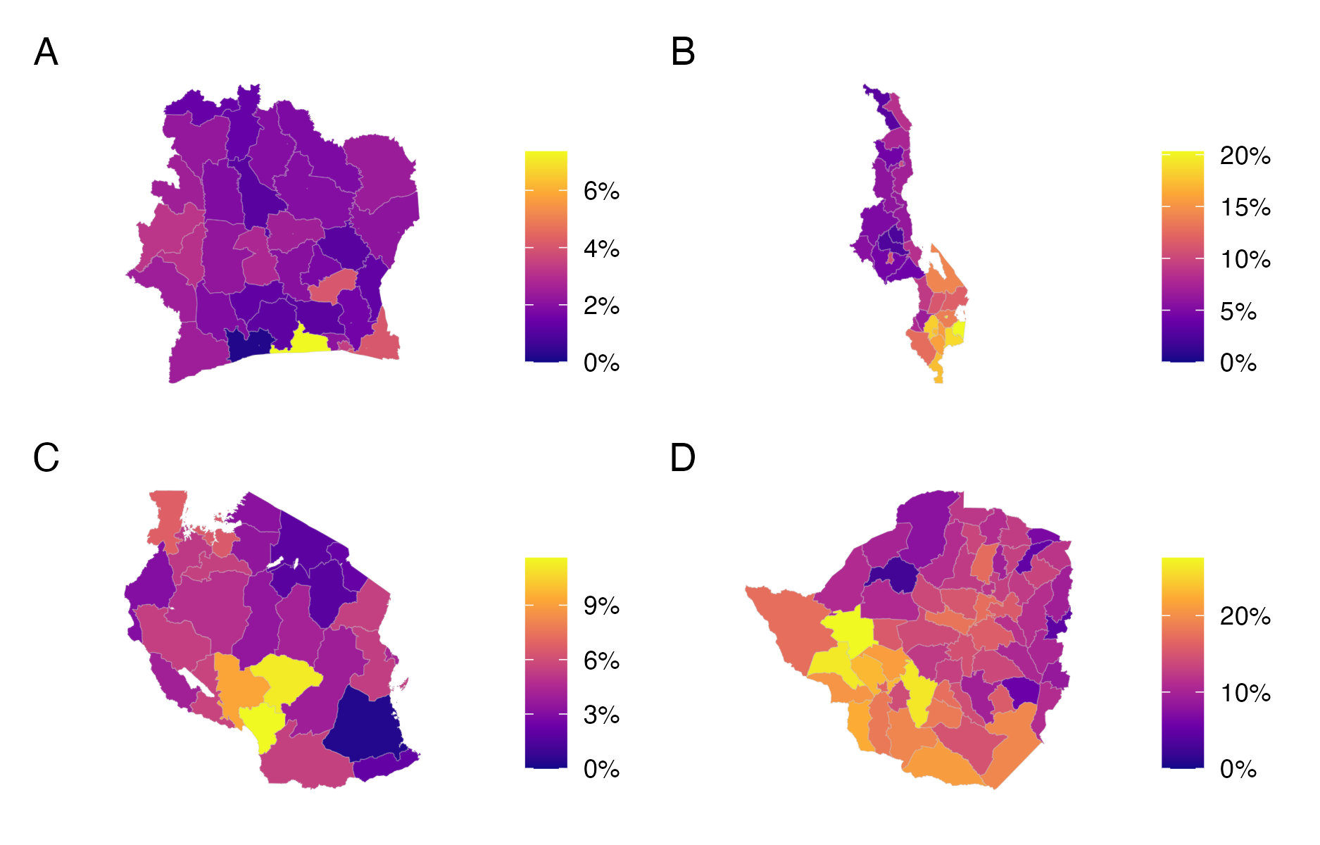 Adult (15-49) HIV prevalence from the most recent PHIA survey conducted in Côte d’Ivoire (Panel A), Malawi (Panel B), Tanzania (Panel C), and Zimbabwe (Panel D). These estimates are survey weighted according to Equation (4.18).