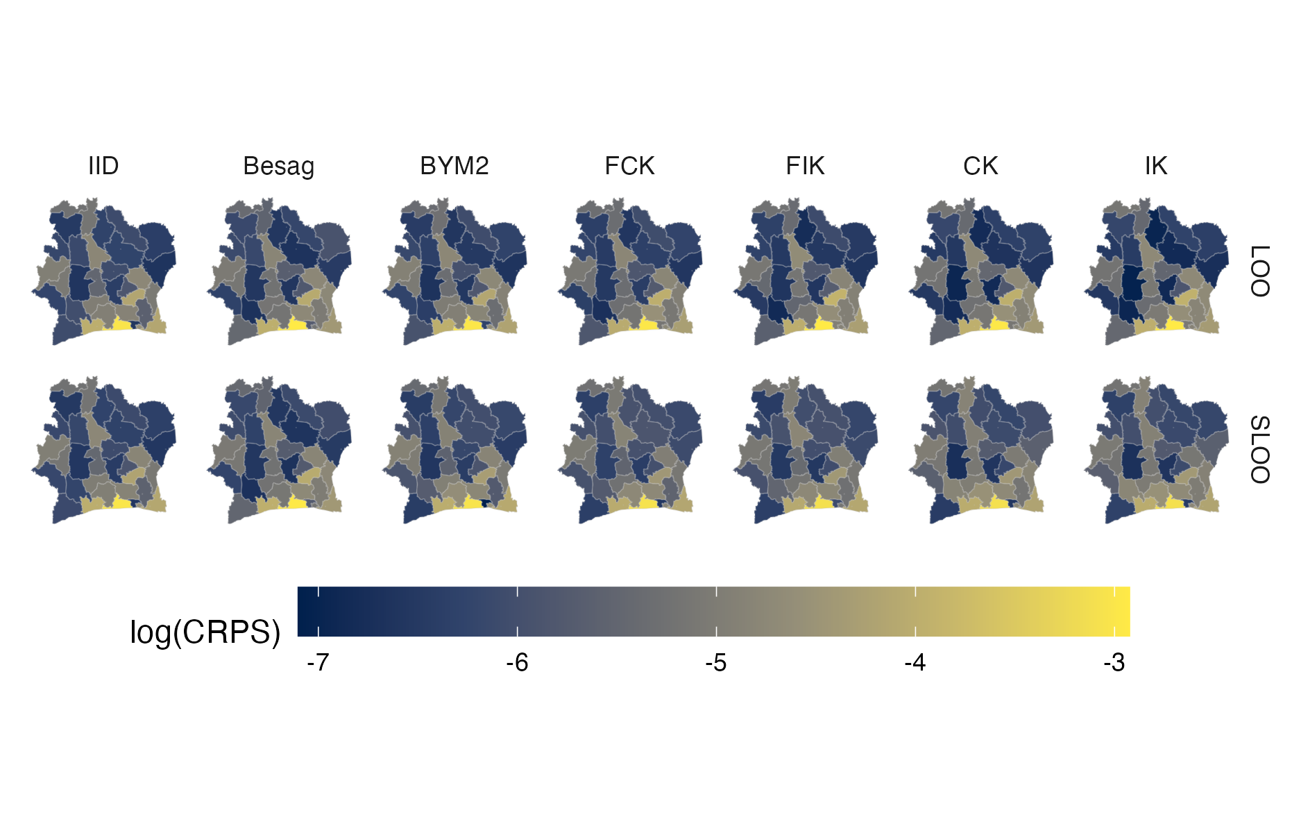 Choropleth showing the pointwise CRPS in estimating \(\rho_i\) using either leave-one-out or spatial leave-one-out cross-validation for the Côte d’Ivoire 2017 PHIA survey (Panel 4.10A).