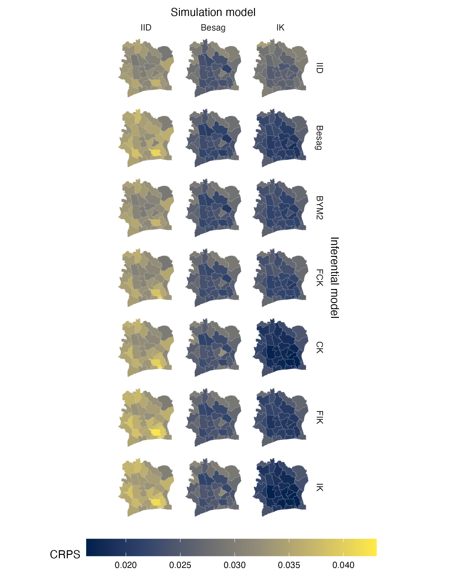 Choropleths showing the mean value of the CRPS in estimating \(\rho\), under each inferential model and simulation model, at each area of the Côte d’Ivoire geometry (Panel 4.6F).