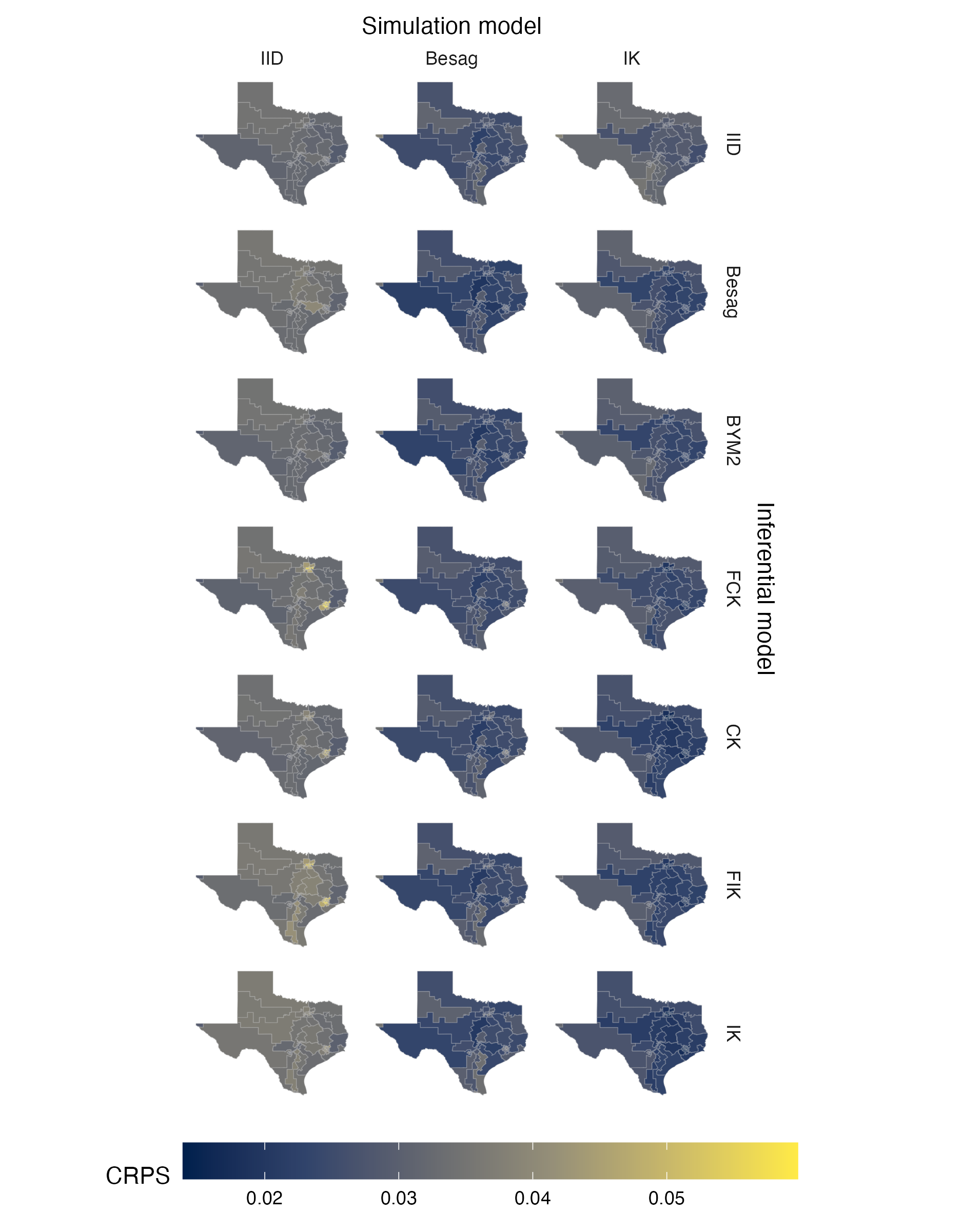 Choropleths showing the mean value of the CRPS in estimating \(\rho\), under each inferential model and simulation model, at each area of the Texas geometry (Panel 4.6G).