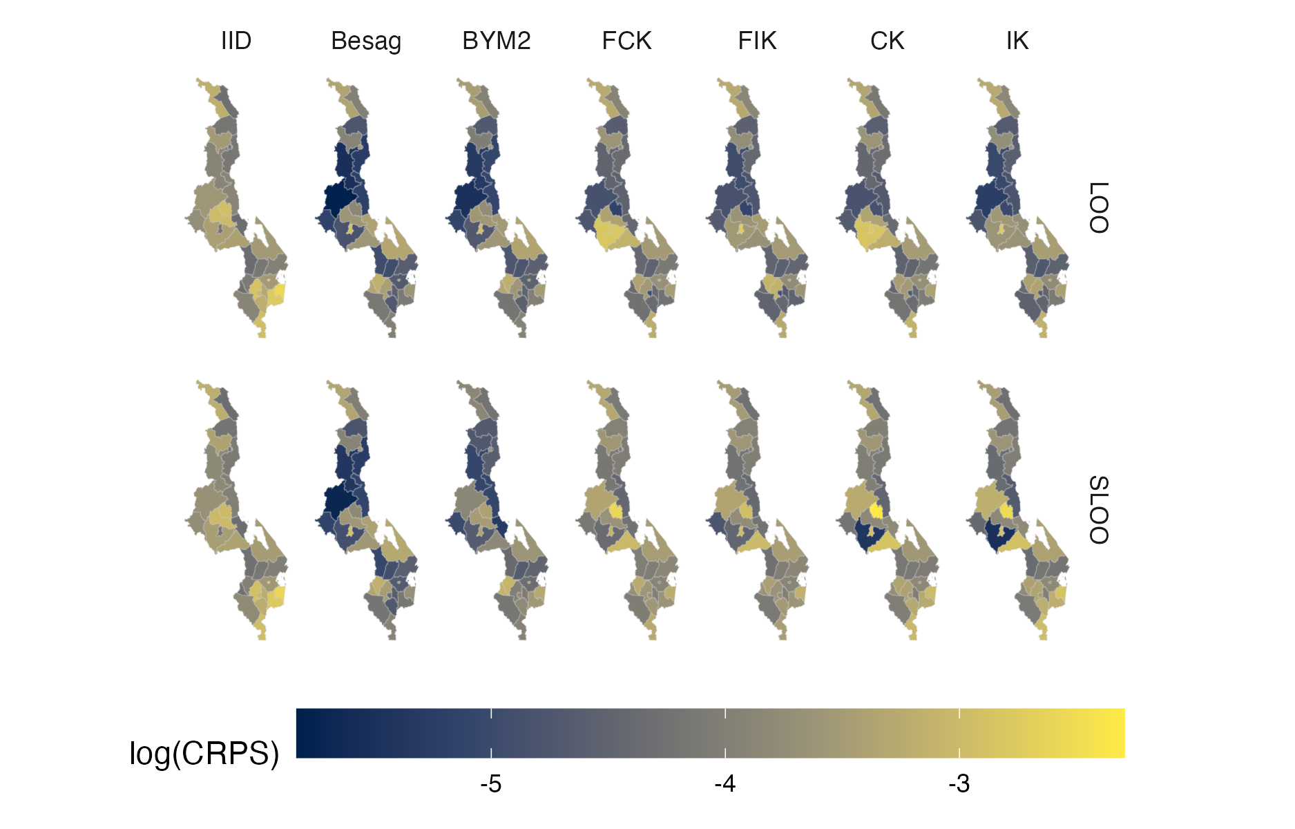 Choropleth showing the pointwise CRPS in estimating \(\rho_i\) using either leave-one-out or spatial leave-one-out cross-validation for the Malawi 2016 PHIA survey (Panel 4.10B).