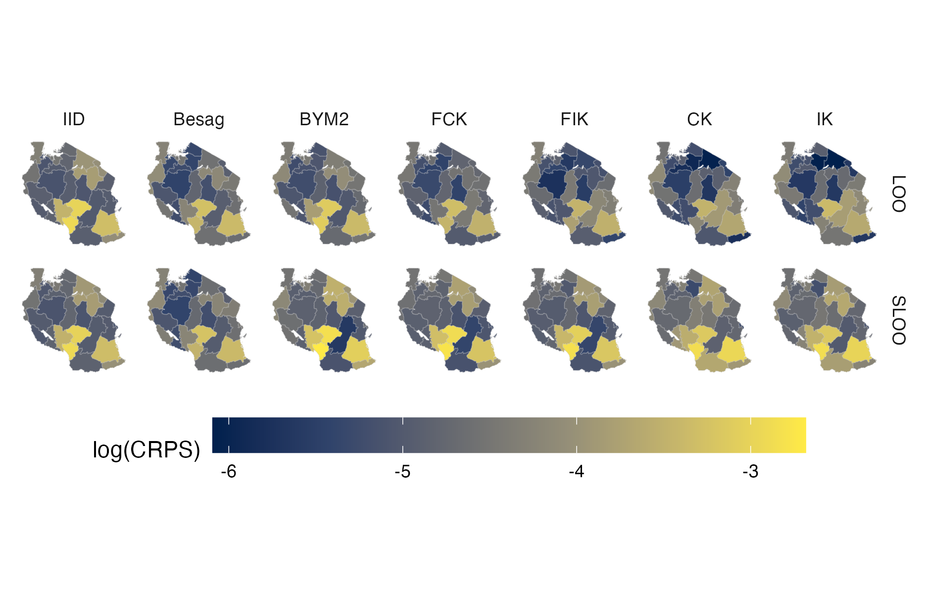 Choropleth showing the pointwise CRPS in estimating \(\rho_i\) using either leave-one-out or spatial leave-one-out cross-validation for the Tanzania 2017 PHIA survey (Panel 4.10C).