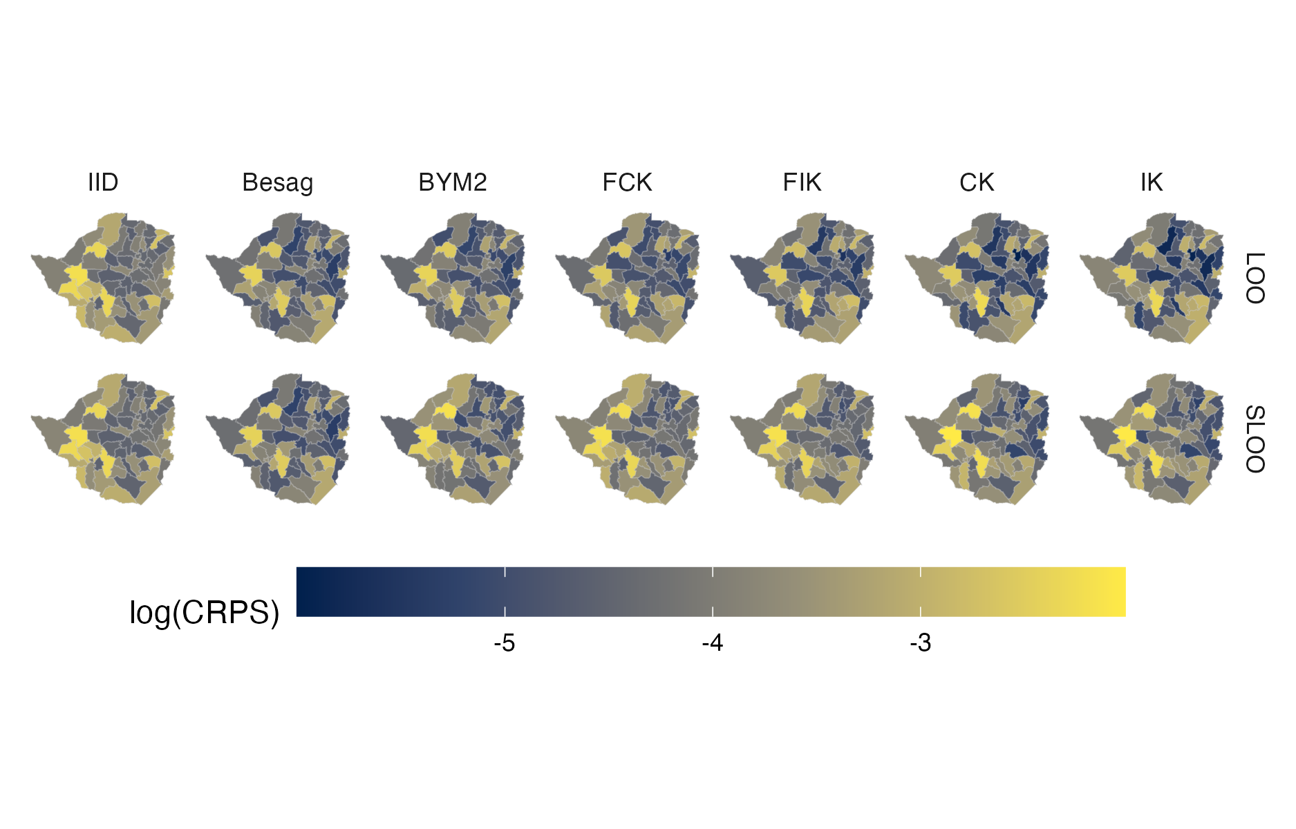 Choropleth showing the pointwise CRPS in estimating \(\rho_i\) using either leave-one-out or spatial leave-one-out cross-validation for the Zimbabwe 2016 PHIA survey (Panel 4.10D).