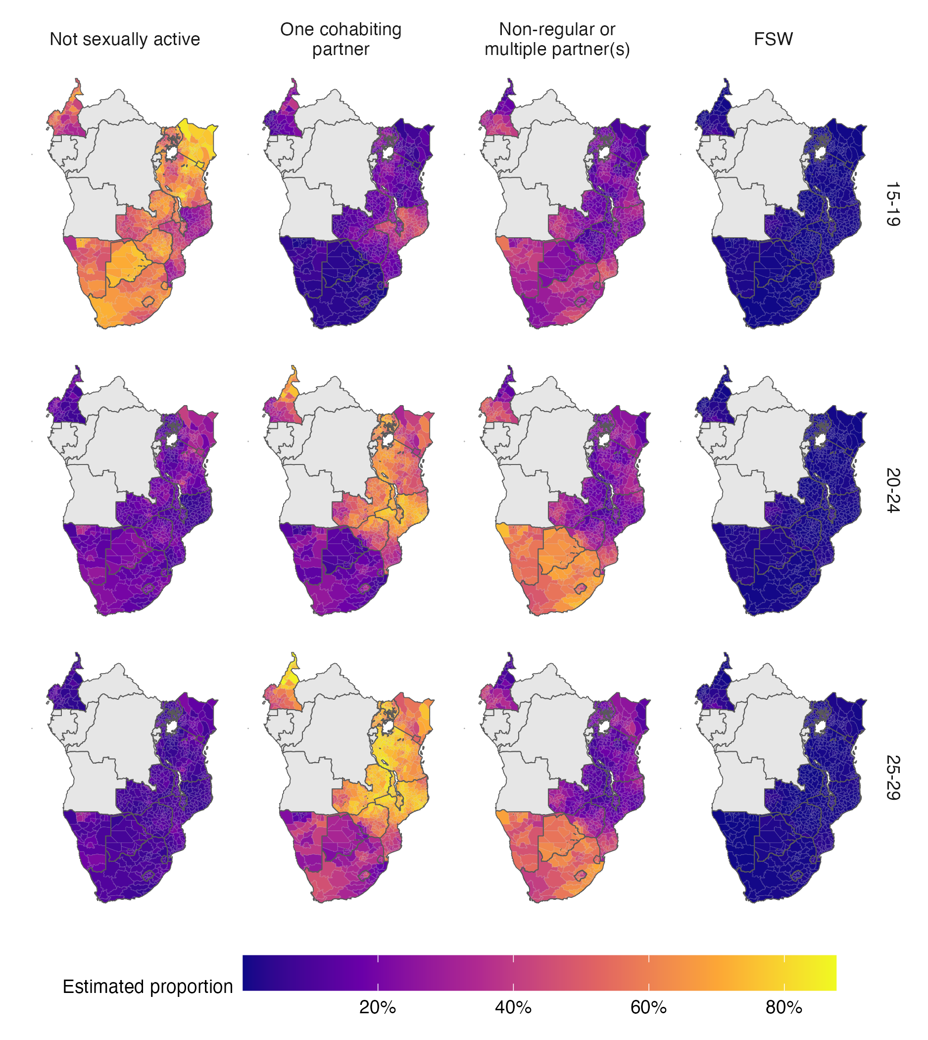 The posterior mean of the AGYW risk group proportions over space in 2018. Estimates are stratified by risk group (columns) and five-year age group (rows). Countries in grey were not included in the analysis. A limitation of this figure is that using a common colour scale, though desirable for other reasons, makes it challenging to see spatial variation in the FSW risk group.