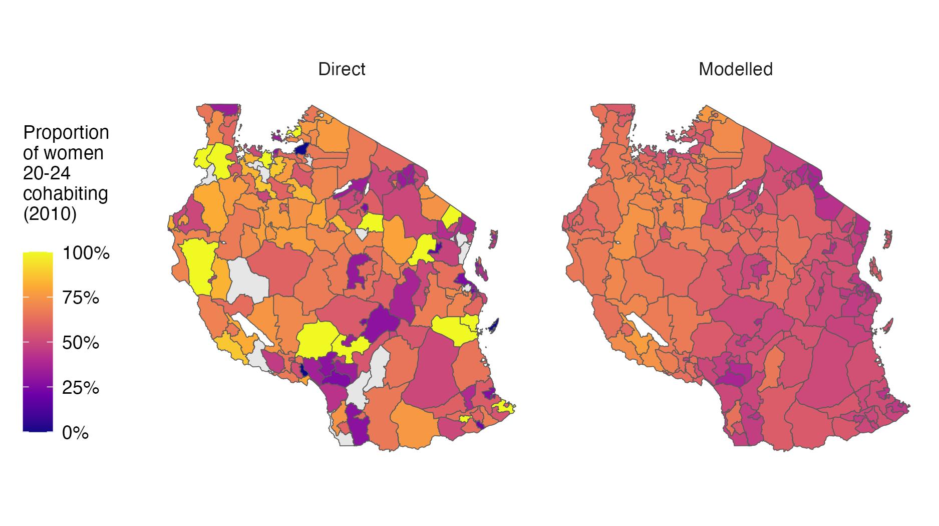 The modelled estimates display more plausible spatial smoothness than the direct estimates. In addition, missing values in the direct estimates are appropriately infilled by the model.