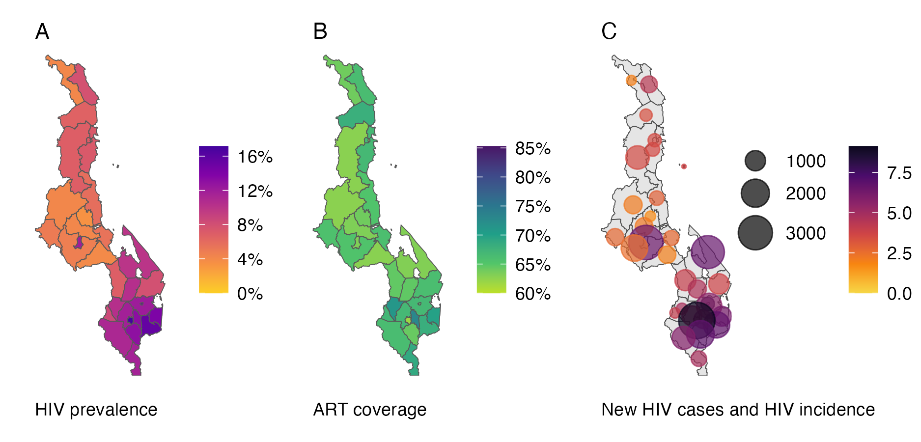 District-level HIV prevalence, ART coverage, and new HIV cases and HIV incidence for adults 15-49 in Malawi. Inference here was conducted using a Gaussian approximation and EB via TMB.